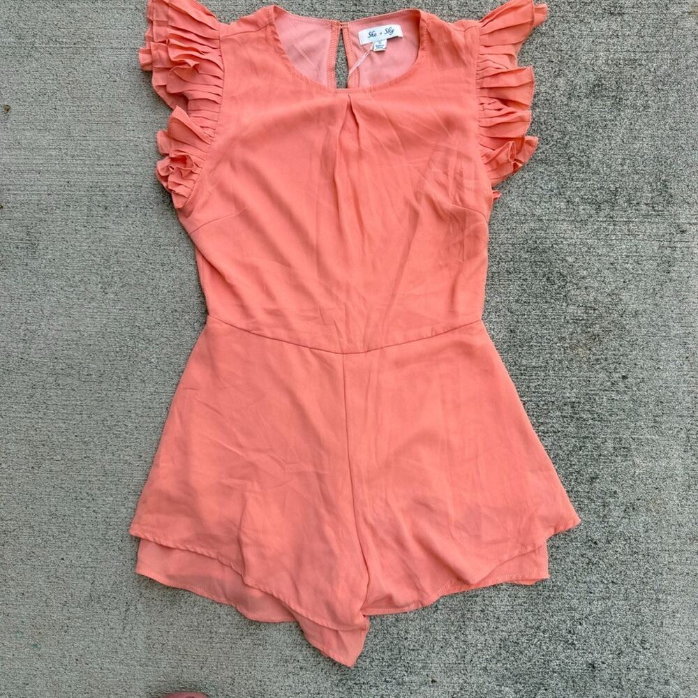 She and Sky Romper Womens Orange One Piece Ruffle Sleeves Lightweight Coral